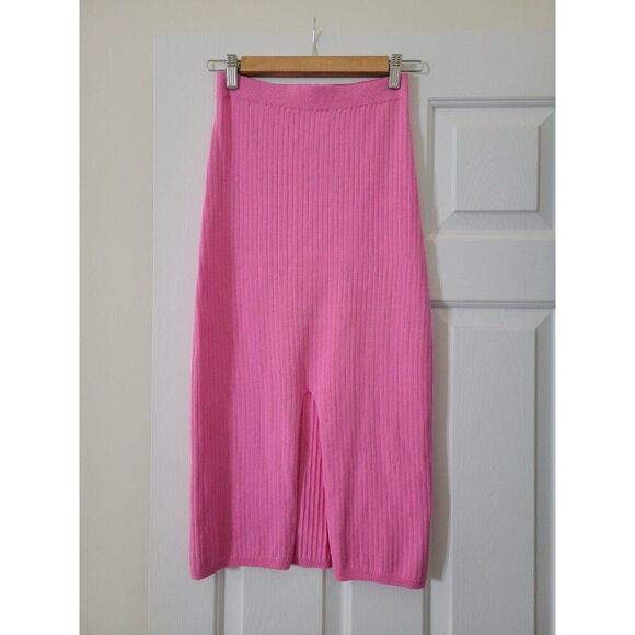FREE PEOPLE Sz S SKYLINE RIBBED MIDI SKIRT WITH SLIT IN PINK FIREWORKS - Picture 4 of 9